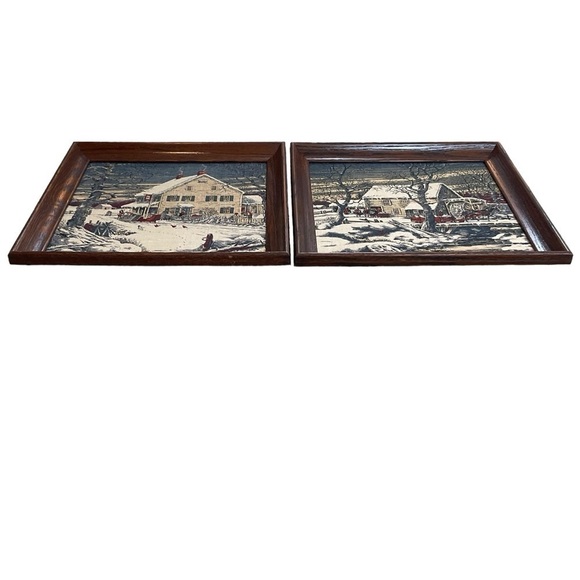 2 Kay 100% Linen Hand Prints Vintage Framed Artwork Winter Farmhouse Scenes - Picture 10 of 15